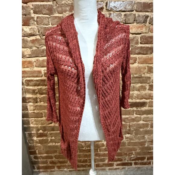 FREE PEOPLE SWEATER Sz M OPEN KNIT CARDIGAN RUM RAISIN Boho - Picture 2 of 4